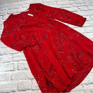 NWT Madewell Hazelwood Red Wrap Front Dress Size 14 Chiffon Beaded